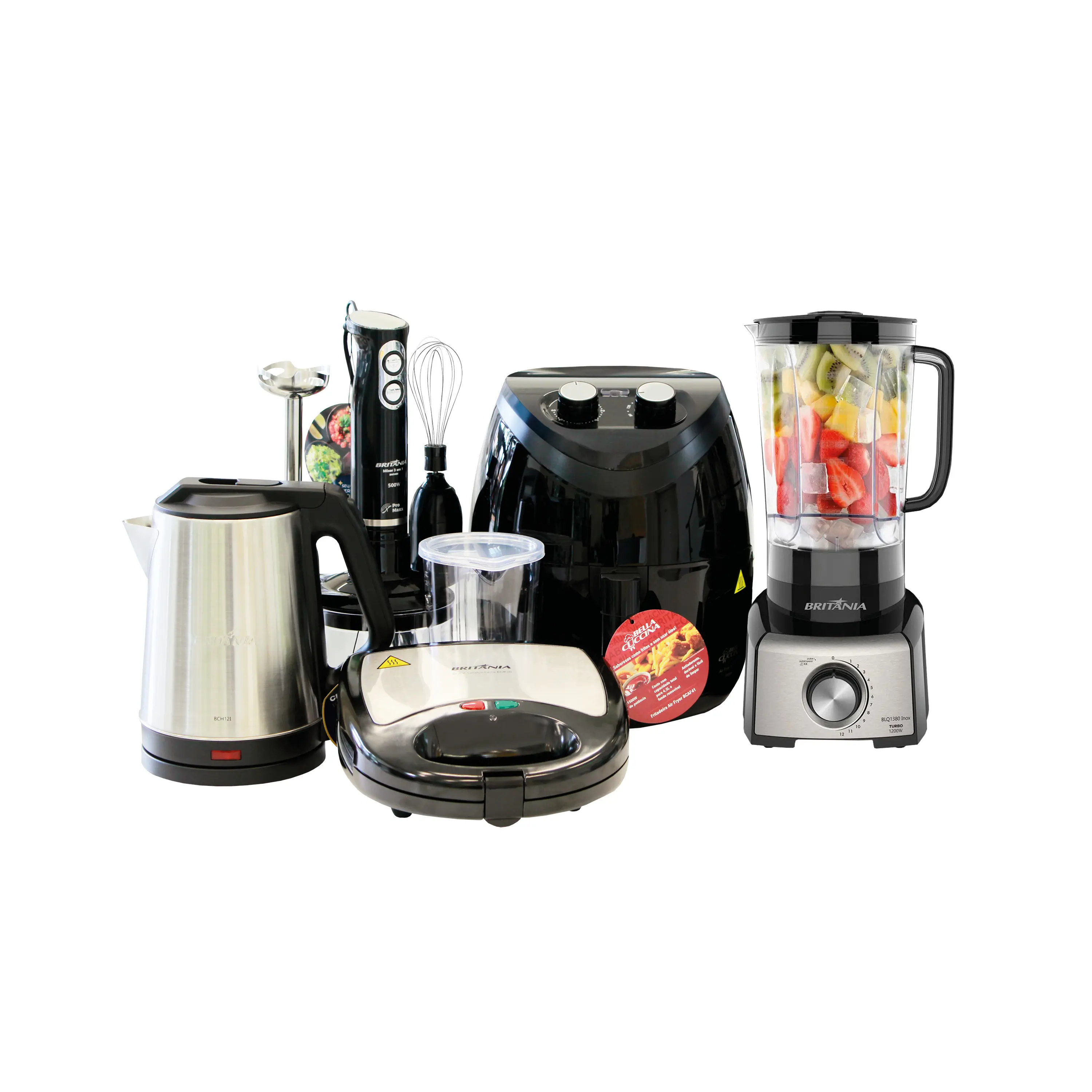 COMBO AIR FRYER BELLA CUCCINA + SANDWICHERA 3 EN 1 + LICUADORA BLQ1380 3 LTS + MIXER BMX400P + REGALO HERVIDORA