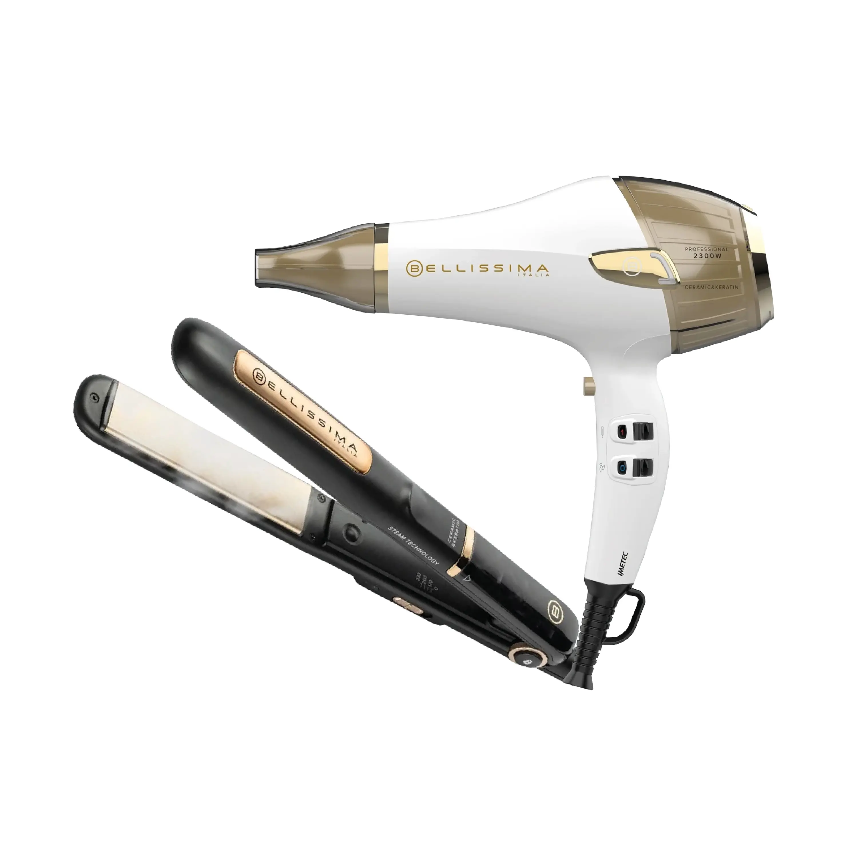 SET GOLD BELLISSIMA PLANCHITA VAPOR + SECADOR PROFESIONAL+	KIT HEATHCITE & IVORY- MORRIS & CO